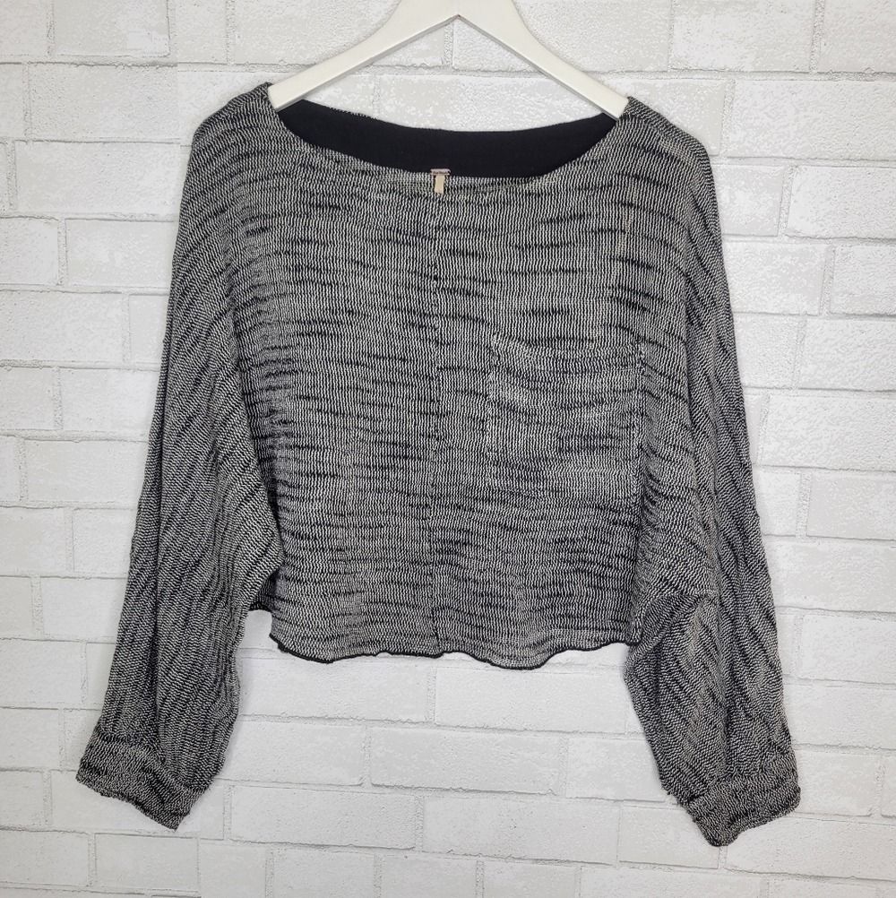 Free People Gray Black Oversized Scoop Neck Cropped Knit Sweater Top